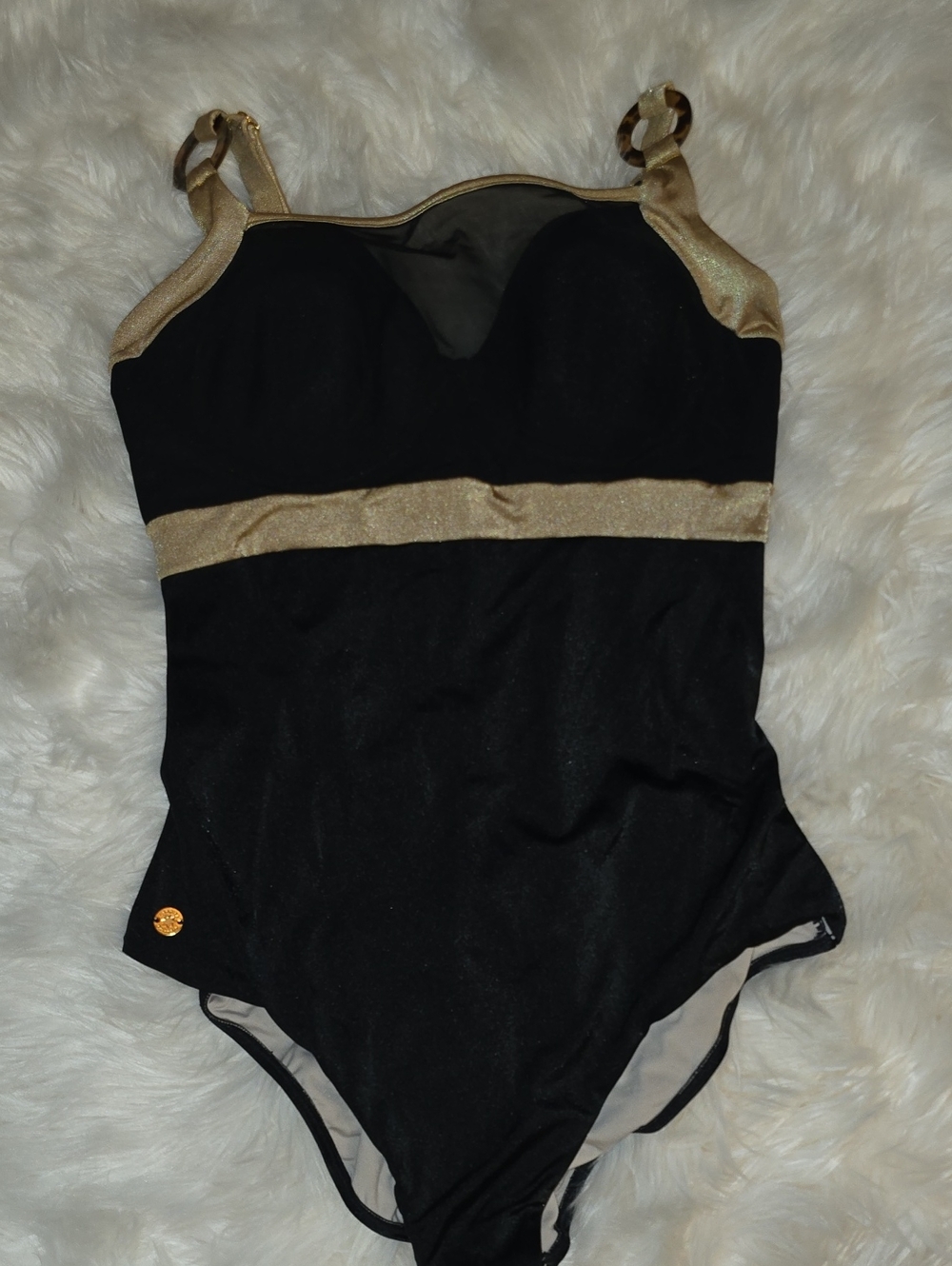 Leonisa Black One-Piece Swimsuit with Gold Trim SIZE L